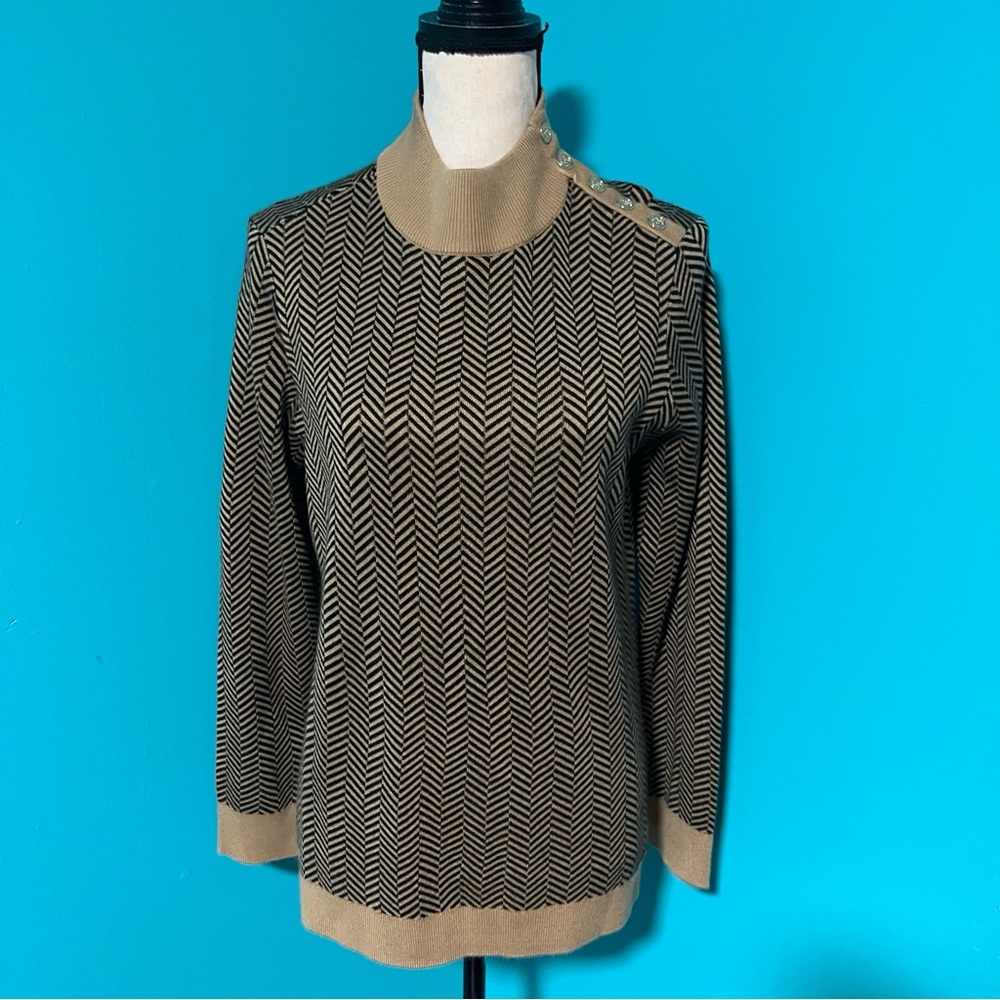 Calvin Klein M Brown Black Chevron Mock Neck Pullover Sweater Button Shoulder